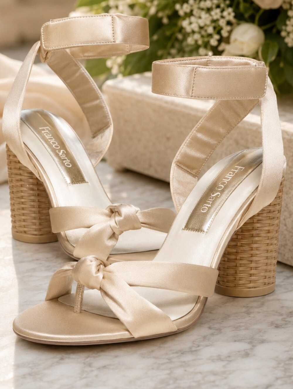 Franco Sarto Oma Satin Sandals Women 9 Champagne Basketweave Block Heel - Picture 1 of 9